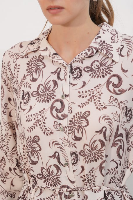 Floral Viscose Crepe Gemaakt Lange Shirt met Ceintuur - Image 5