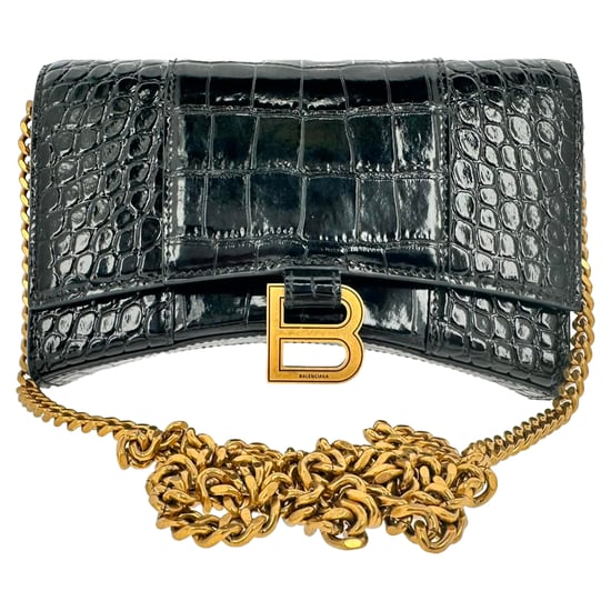 Balenciaga Croc Embossed Hourglass Wallet on Chain in Black Leather - Image 1