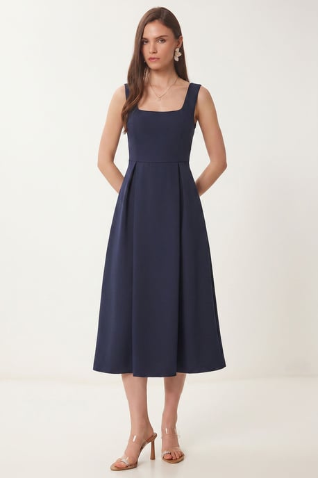 Square Collar A-Form Midi Dress with Zipper Closure - Image 2