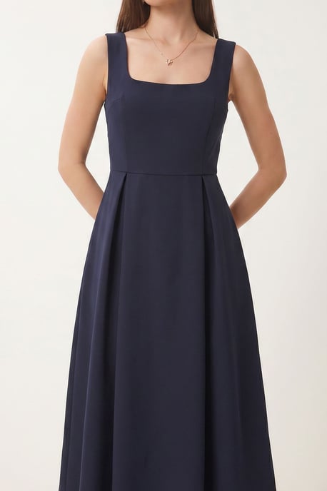 Square Collar A-Form Midi Dress with Zipper Closure - Image 3