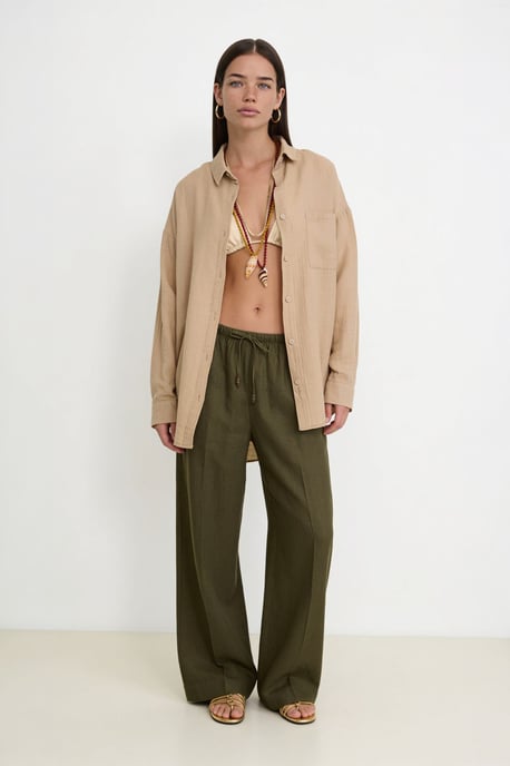 Oversized Textured Cotton Shirt with Pocket - Image 2