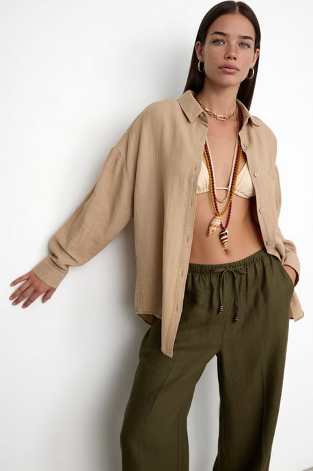 Oversized Textured Cotton Shirt with Pocket - Image 3