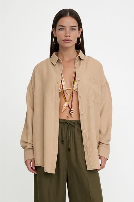 Oversized Textured Cotton Shirt with Pocket - Image 4