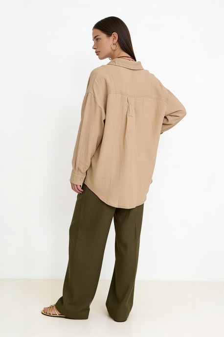 Oversized Textured Cotton Shirt with Pocket - Image 5