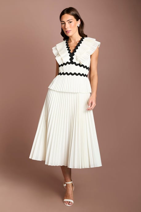 Pleated Cotton Detail Ruffle Shoulder Midi Dress - Image 1