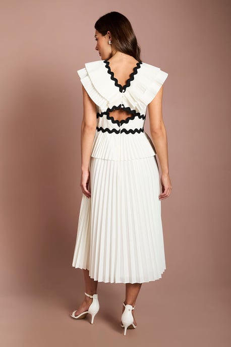 Pleated Cotton Detail Ruffle Shoulder Midi Dress - Image 3