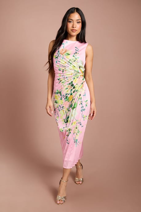 Petite Lisa Tan Pleated Floral Midi Dress With Pleat Detail - Image 1