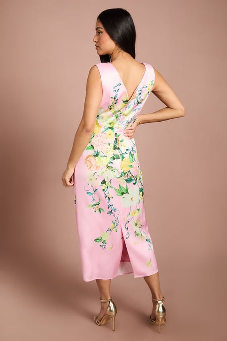 Petite Lisa Tan Pleated Floral Midi Dress With Pleat Detail - Image 3