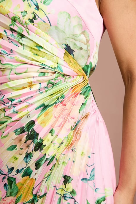 Petite Lisa Tan Pleated Floral Midi Dress With Pleat Detail - Image 4