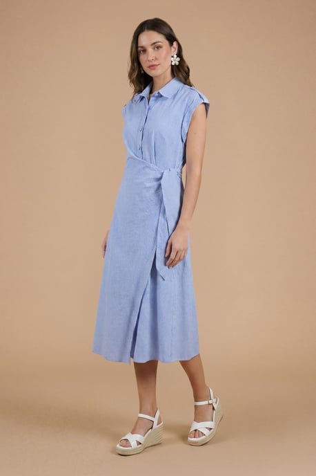 Stripe Wrap Front Roll Sleeve Shirt Dress - Image 1