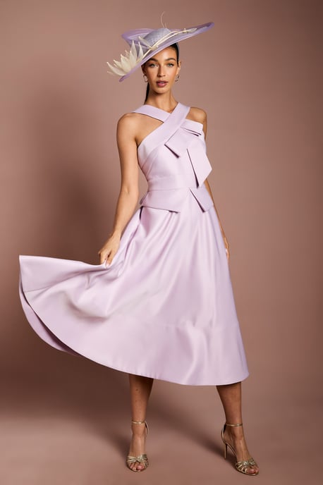 Lisa Tan Cross Neck Structured Satin Bow Detail Midi Dress - Image 1