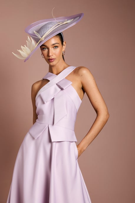 Lisa Tan Cross Neck Structured Satin Bow Detail Midi Dress - Image 2