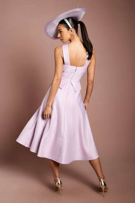 Lisa Tan Cross Neck Structured Satin Bow Detail Midi Dress - Image 3