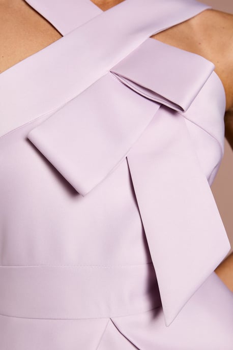 Lisa Tan Cross Neck Structured Satin Bow Detail Midi Dress - Image 5