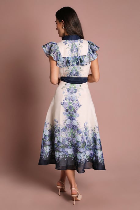 Placement Print Frill Sleeve Belted Midi Dress - Image 3
