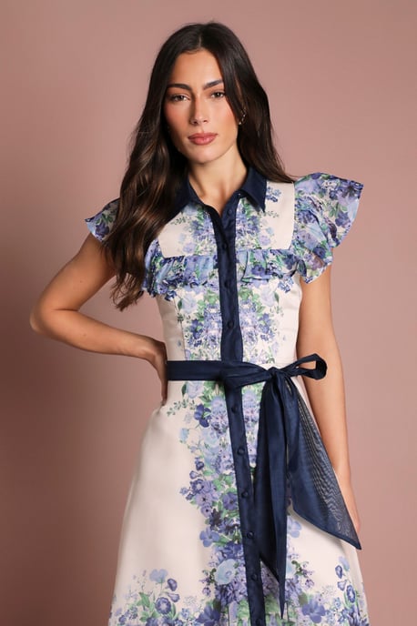Placement Print Frill Sleeve Belted Midi Dress - Image 4