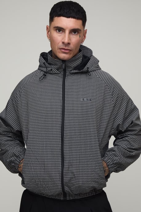 Tall Oversized Boxy Check Hooded Toggle Cagoule - Image 1