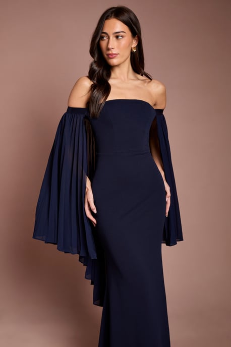 Strapless Maxi Dress With Pleated Chiffon Cape - Image 2