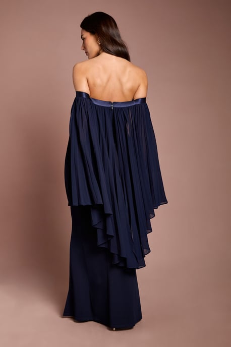 Strapless Maxi Dress With Pleated Chiffon Cape - Image 3