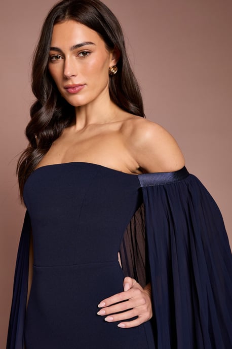Strapless Maxi Dress With Pleated Chiffon Cape - Image 4