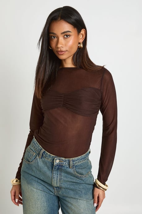 Sheer Bust Detail Long Sleeve Top - Image 1
