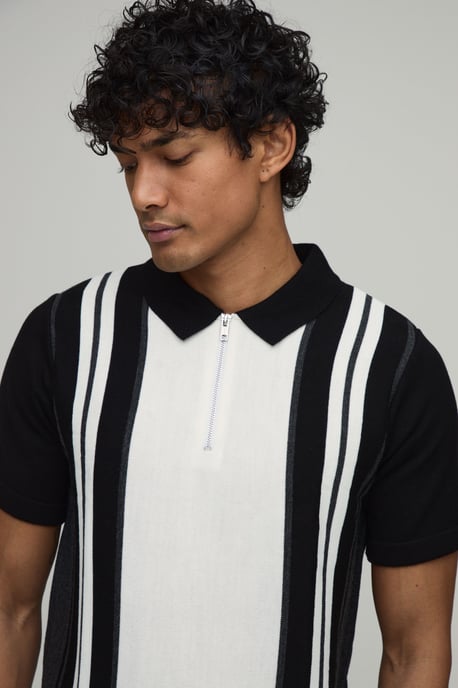 Regular Fit 1/4 Zip Striped Knitted Polo - Image 3