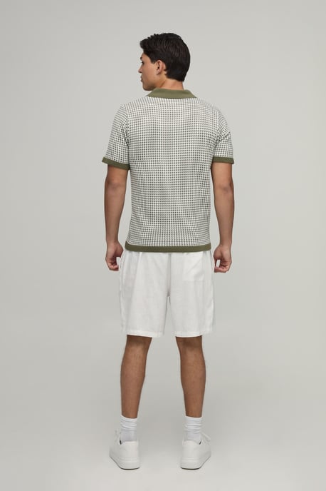 Regular Fit V Neck Houndstooth Knitted Polo - Image 2