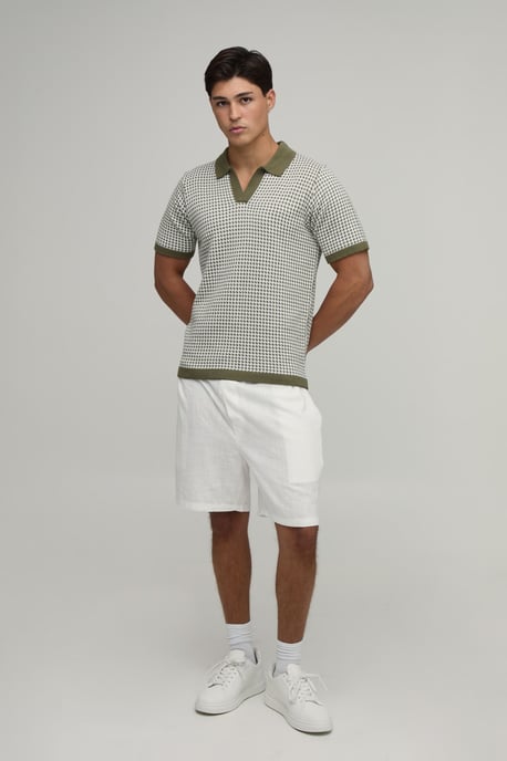 Regular Fit V Neck Houndstooth Knitted Polo - Image 4