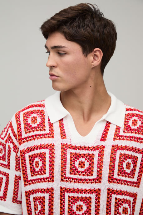 Oversized Boxy Crochet Tapestry Knitted Polo - Image 3