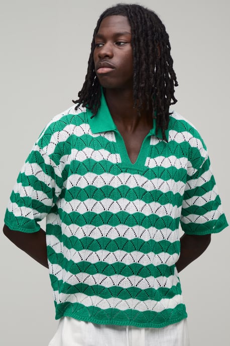 Oversized Boxy Wavy Open Stitch Knitted Polo - Image 1