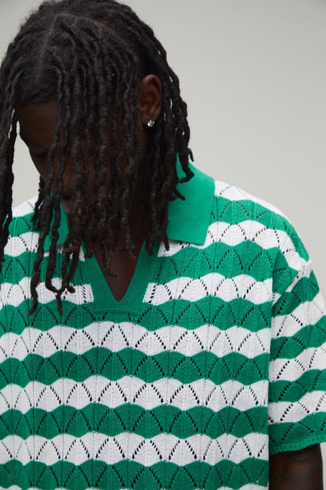 Oversized Boxy Wavy Open Stitch Knitted Polo - Image 3