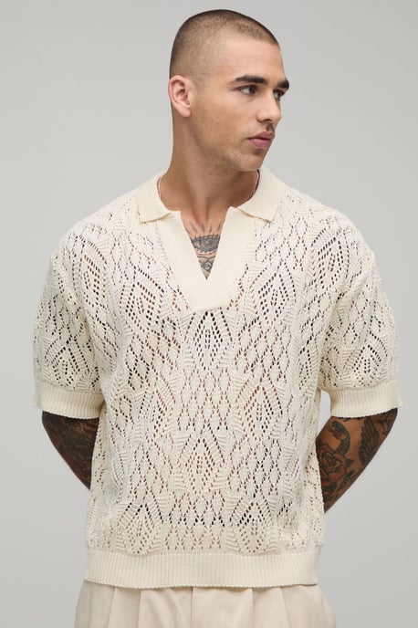 Oversized Boxy Diamond Crochet Cotton Blend Knitted Polo - Image 1