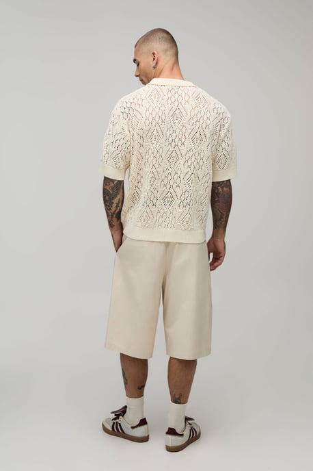 Oversized Boxy Diamond Crochet Cotton Blend Knitted Polo - Image 2