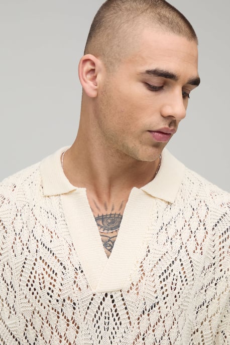 Oversized Boxy Diamond Crochet Cotton Blend Knitted Polo - Image 3
