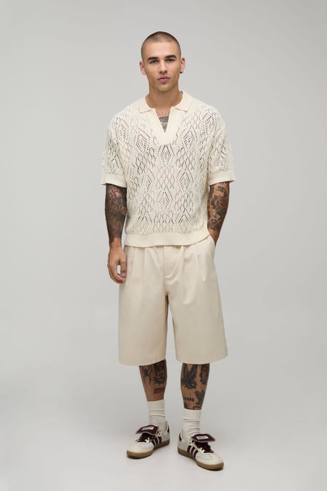 Oversized Boxy Diamond Crochet Cotton Blend Knitted Polo - Image 4