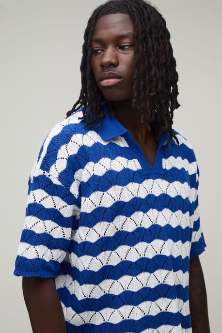 Oversized Boxy Wavy Open Stitch Knitted Polo - Image 3
