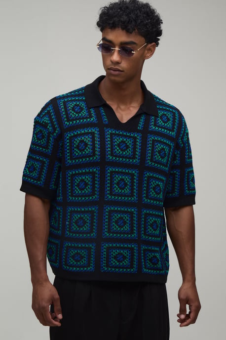 Oversized Boxy Crochet Tapestry Knitted Polo - Image 1