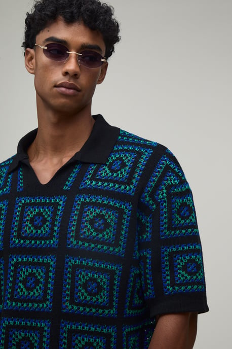 Oversized Boxy Crochet Tapestry Knitted Polo - Image 3