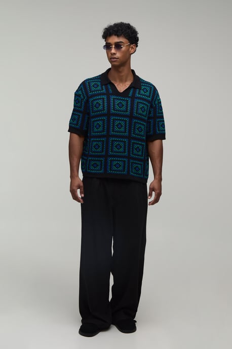 Oversized Boxy Crochet Tapestry Knitted Polo - Image 4