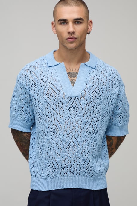 Oversized Boxy Diamond Crochet Cotton Blend Knitted Polo - Image 1