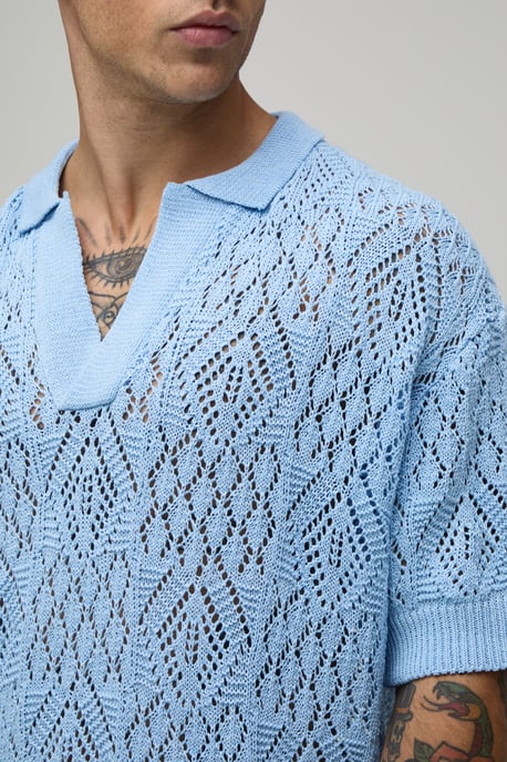 Oversized Boxy Diamond Crochet Cotton Blend Knitted Polo - Image 2