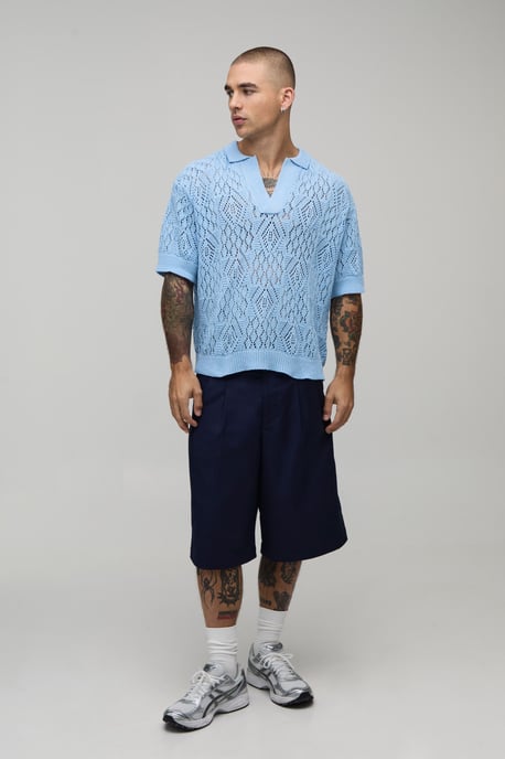 Oversized Boxy Diamond Crochet Cotton Blend Knitted Polo - Image 3
