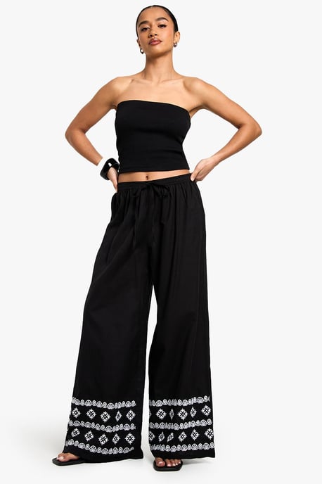 Petite Wide Leg Broderie Hem Trouser - Image 3