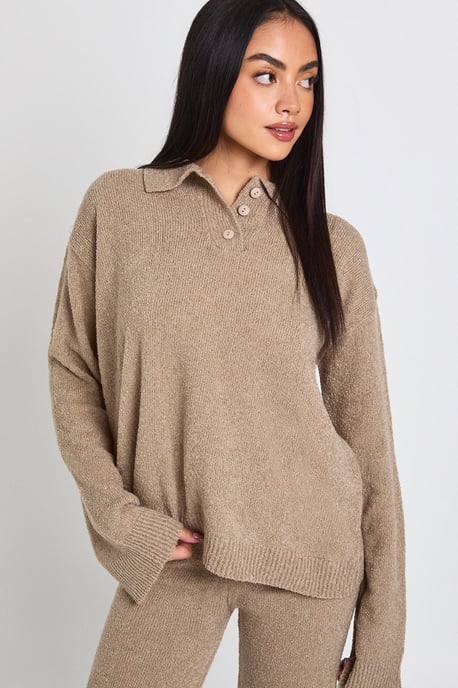 Collared Button Down Oversized Knitted Jumper And Straight Leg Trouser Co-Ord - Image 4