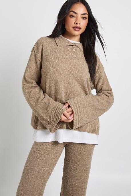 Collared Button Down Oversized Knitted Jumper And Straight Leg Trouser Co-Ord - Image 4