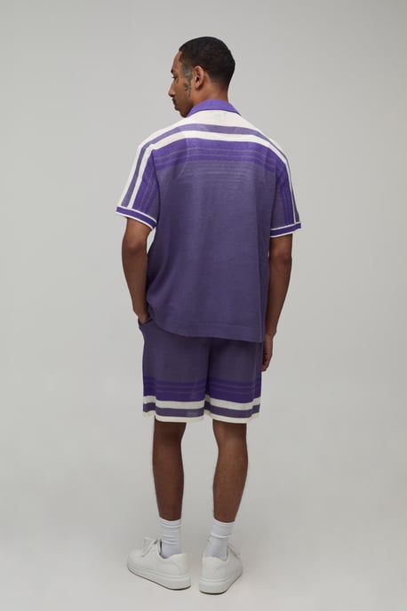 Relaxed Open Stitch Striped Knitted Shirt and Short Set - Image 2