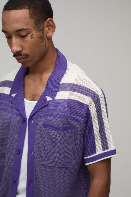 Relaxed Open Stitch Striped Knitted Shirt and Short Set - Image 3