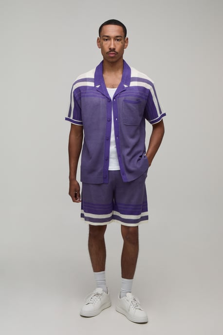 Relaxed Open Stitch Striped Knitted Shirt and Short Set - Image 4