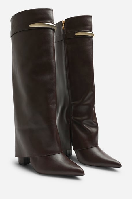 Wheres That From Womens Nareva Fold Over Shark Block Heel Point Toe Boots With Trim Detail - Image 2