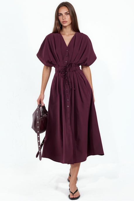 Casual V-Neck Midi Shirt Dress - Image 1